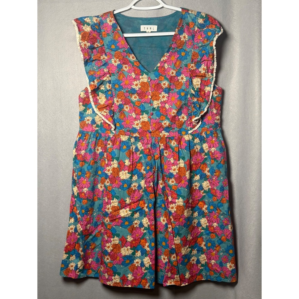 THML Womens Floral Ruffle Mini Dress Turquoise Blue V-Neck WCT1112-1-BL Medium